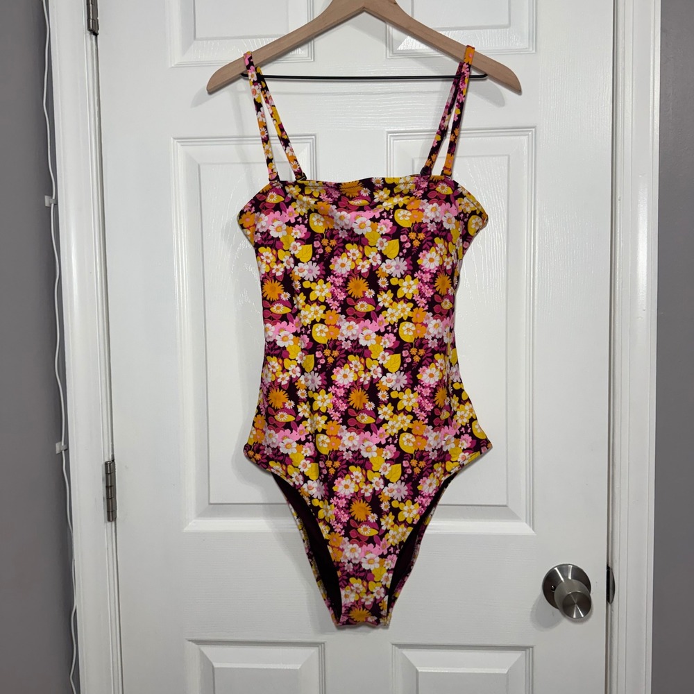 New Aerie Retro Floral One Piece Swimsuit XL LONG Pink Orange Yellow Scoop Back